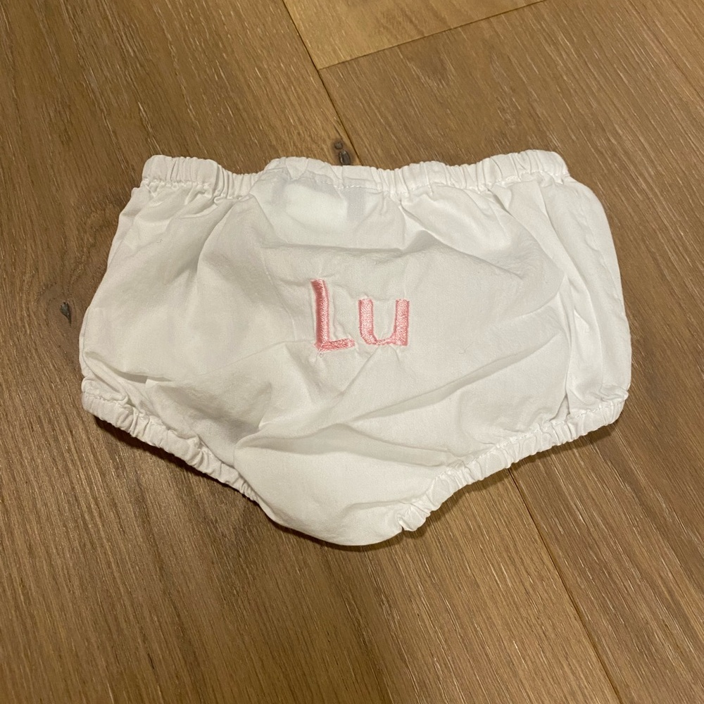 6M white diaper cover with “Lu” in pink - never worn